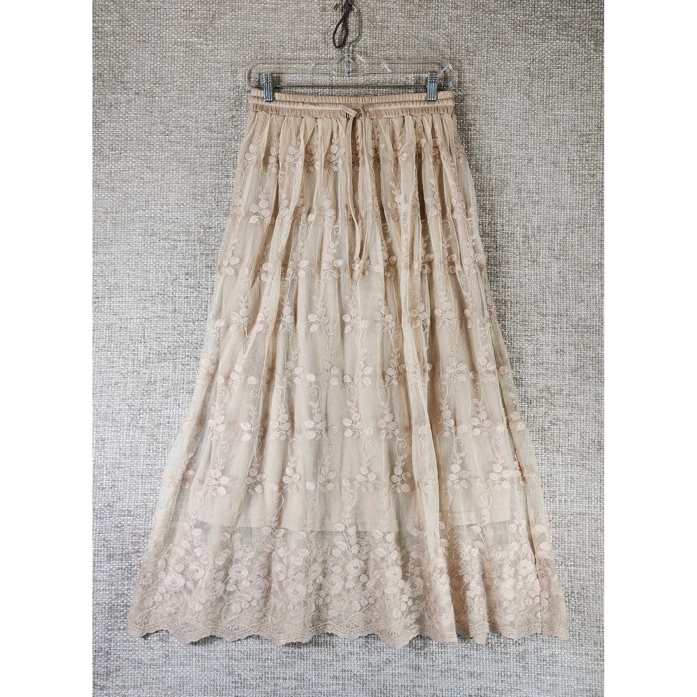 Ultra Pink Sheer Floral Embroidered Overlay Midi Skirt Womens S Pale Pink Fairy